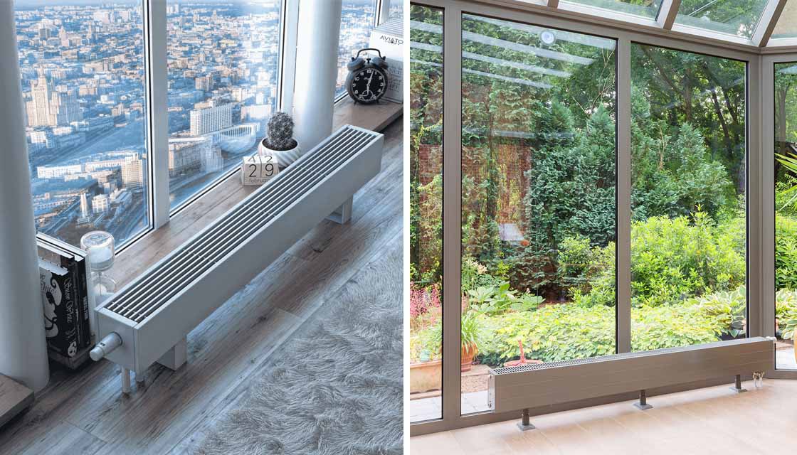 Отопительные окна. Радиатор отопления сбоку от окна. Конвектор для витражных окон. Радиаторы для панорамных окон. Радиаторы отопления для панорамных окон.